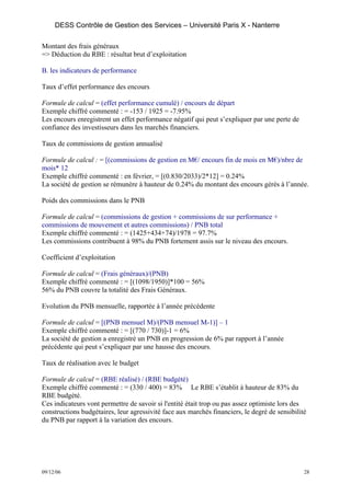 DESS Contrôle de Gestion des Services – Université Paris X - Nanterre

Montant des frais généraux
=> Déduction du RBE : résultat brut d’exploitation

B. les indicateurs de performance

Taux d’effet performance des encours

Formule de calcul = (effet performance cumulé) / encours de départ
Exemple chiffré commenté : = -153 / 1925 = -7.95%
Les encours enregistrent un effet performance négatif qui peut s’expliquer par une perte de
confiance des investisseurs dans les marchés financiers.

Taux de commissions de gestion annualisé

Formule de calcul : = [(commissions de gestion en M€/ encours fin de mois en M€)/nbre de
mois* 12
Exemple chiffré commenté : en février, = [(0.830/2033)/2*12] = 0.24%
La société de gestion se rémunère à hauteur de 0.24% du montant des encours gérés à l’année.

Poids des commissions dans le PNB

Formule de calcul = (commissions de gestion + commissions de sur performance +
commissions de mouvement et autres commissions) / PNB total
Exemple chiffré commenté : = (1425+434+74)/1978 = 97.7%
Les commissions contribuent à 98% du PNB fortement assis sur le niveau des encours.

Coefficient d’exploitation

Formule de calcul = (Frais généraux)/(PNB)
Exemple chiffré commenté : = [(1098/1950)]*100 = 56%
56% du PNB couvre la totalité des Frais Généraux.

Evolution du PNB mensuelle, rapportée à l’année précédente

Formule de calcul = [(PNB mensuel M)/(PNB mensuel M-1)] – 1
Exemple chiffré commenté : = [(770 / 730)]-1 = 6%
La société de gestion a enregistré un PNB en progression de 6% par rapport à l’année
précédente qui peut s’expliquer par une hausse des encours.

Taux de réalisation avec le budget

Formule de calcul = (RBE réalisé) / (RBE budgété)
Exemple chiffré commenté : = (330 / 400) = 83% Le RBE s’établit à hauteur de 83% du
RBE budgété.
Ces indicateurs vont permettre de savoir si l'entité était trop ou pas assez optimiste lors des
constructions budgétaires, leur agressivité face aux marchés financiers, le degré de sensibilité
du PNB par rapport à la variation des encours.




09/12/06                                                                                       28
 