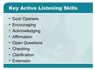Key Active Listening Skills
• Door Openers
• Encouraging
• Acknowledging
• Affirmation
• Open Questions
• Checking
• Clarification
• Extension
 