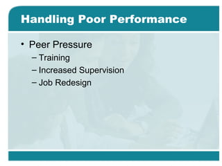 Handling Poor Performance
• Peer Pressure
– Training
– Increased Supervision
– Job Redesign
 