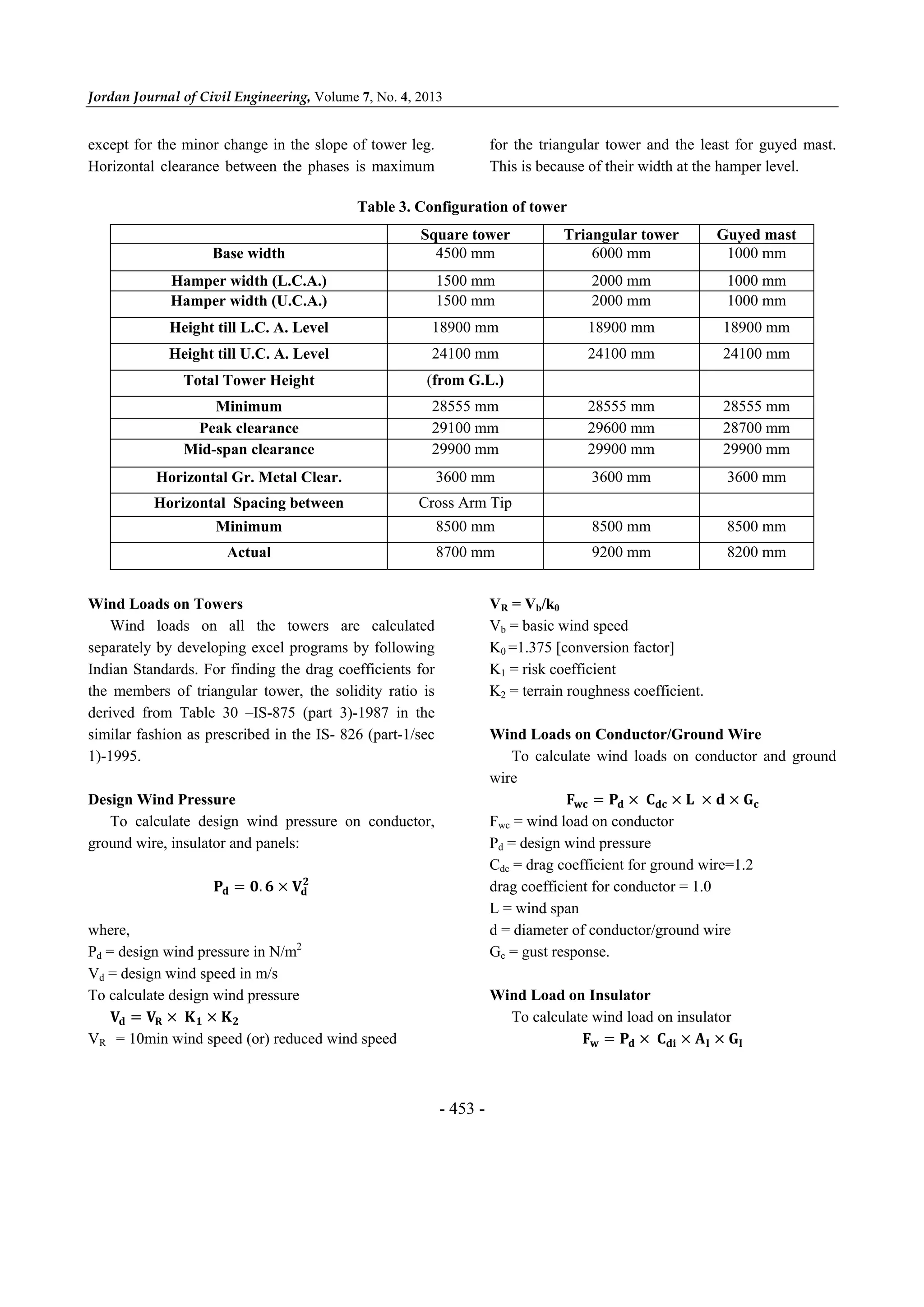 Jordan Journal of Civil Engineering, Volume 7, No. 4, 2013
- 453 -
except for the minor change in the slope of tower leg.
Horizontal clearance between the phases is maximum
for the triangular tower and the least for guyed mast.
This is because of their width at the hamper level.
Table 3. Configuration of tower
Square tower Triangular tower Guyed mast
Base width 4500 mm 6000 mm 1000 mm
Hamper width (L.C.A.) 1500 mm 2000 mm 1000 mm
Hamper width (U.C.A.) 1500 mm 2000 mm 1000 mm
Height till L.C. A. Level 18900 mm 18900 mm 18900 mm
Height till U.C. A. Level 24100 mm 24100 mm 24100 mm
Total Tower Height (from G.L.)
Minimum 28555 mm 28555 mm 28555 mm
Peak clearance 29100 mm 29600 mm 28700 mm
Mid-span clearance 29900 mm 29900 mm 29900 mm
Horizontal Gr. Metal Clear. 3600 mm 3600 mm 3600 mm
Horizontal Spacing between Cross Arm Tip
Minimum 8500 mm 8500 mm 8500 mm
Actual 8700 mm 9200 mm 8200 mm
Wind Loads on Towers
Wind loads on all the towers are calculated
separately by developing excel programs by following
Indian Standards. For finding the drag coefficients for
the members of triangular tower, the solidity ratio is
derived from Table 30 –IS-875 (part 3)-1987 in the
similar fashion as prescribed in the IS- 826 (part-1/sec
1)-1995.
Design Wind Pressure
To calculate design wind pressure on conductor,
ground wire, insulator and panels:
.
where,
Pd = design wind pressure in N/m2
Vd = design wind speed in m/s
To calculate design wind pressure
	
VR = 10min wind speed (or) reduced wind speed
VR = Vb/k0
Vb = basic wind speed
K0 =1.375 [conversion factor]
K1 = risk coefficient
K2 = terrain roughness coefficient.
Wind Loads on Conductor/Ground Wire
To calculate wind loads on conductor and ground
wire
	 	
Fwc = wind load on conductor
Pd = design wind pressure
Cdc = drag coefficient for ground wire=1.2
drag coefficient for conductor = 1.0
L = wind span
d = diameter of conductor/ground wire
Gc = gust response.
Wind Load on Insulator
To calculate wind load on insulator
	
 