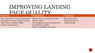 Relevance Transparency Navigation
How relevant is it to the user query
Originality, feature unique content
Don’t link or redirect traffic
Content of substance
Define what your business does
Honour deals
No changing usual web behaviour
No software installs
Policy in handling user data
Easy flow paths
Avoid pop-ups etc
Loads quickly
 