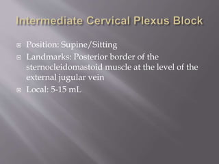  Position: Supine/Sitting
 Landmarks: Posterior border of the
sternocleidomastoid muscle at the level of the
external jugular vein
 Local: 5-15 mL
 