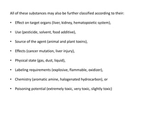 All of these substances may also be further classified according to their:
• Effect on target organs (liver, kidney, hematopoietic system),
• Use (pesticide, solvent, food additive),
• Source of the agent (animal and plant toxins),
• Effects (cancer mutation, liver injury),
• Physical state (gas, dust, liquid),
• Labeling requirements (explosive, flammable, oxidizer),
• Chemistry (aromatic amine, halogenated hydrocarbon), or
• Poisoning potential (extremely toxic, very toxic, slightly toxic)
 
