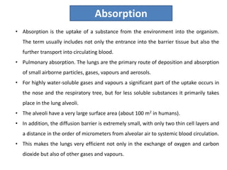 • Absorption is the uptake of a substance from the environment into the organism.
The term usually includes not only the entrance into the barrier tissue but also the
further transport into circulating blood.
• Pulmonary absorption. The lungs are the primary route of deposition and absorption
of small airborne particles, gases, vapours and aerosols.
• For highly water-soluble gases and vapours a significant part of the uptake occurs in
the nose and the respiratory tree, but for less soluble substances it primarily takes
place in the lung alveoli.
• The alveoli have a very large surface area (about 100 m2 in humans).
• In addition, the diffusion barrier is extremely small, with only two thin cell layers and
a distance in the order of micrometers from alveolar air to systemic blood circulation.
• This makes the lungs very efficient not only in the exchange of oxygen and carbon
dioxide but also of other gases and vapours.
Absorption
 