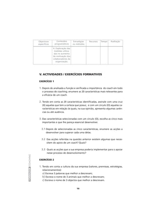 FORMADORCOACHING
14
V. ACTIVIDADES / EXERCÍCIOS FORMATIVOS
EXERCÍCIO 1
1. Depois de analisada a função e verificada a importância do coach em todo
o processo de coaching, enumere as 20 características mais relevantes para
a eficácia de um coach.
2. Tendo em conta as 20 características identificadas, assinale com uma cruz
(X) aquelas que tem a certeza que possui, e com um círculo (O) aquelas ca-
racterísticas em relação às quais, na sua opinião, apresenta algumas carên-
cias ou até ausência.
3. Das características seleccionadas com um círculo (O), escolha as cinco mais
importantes e que lhe pareça essencial desenvolver.
3.1 Depois de seleccionadas as cinco características, enumere as acções a
desenvolver para superar cada uma delas.
3.2 Das acções referidas na questão anterior existem algumas que neces-
sitem do apoio de um coach? Quais?
3.3 Quais as acções que a sua empresa poderia implementar para o apoiar
nesse processo de desenvolvimento?
EXERCÍCIO 2
1. Tendo em conta a cultura da sua empresa (valores, premissas, estratégias,
relacionamentos):
a) Escreva 3 palavras que melhor a descrevam;
b) Escreva o nome de 3 animais que melhor a descrevam;
c) Escreva o nome de 3 objectos que melhor a descrevam.
4. Exploração das
medidas utiliza-
das no aumento
da motivação dos
colaboradores da
organização.
Recursos Tempo AvaliaçãoObjectivos
específicos
Conteúdos
programáticos
Estratégias
ou métodos
 
