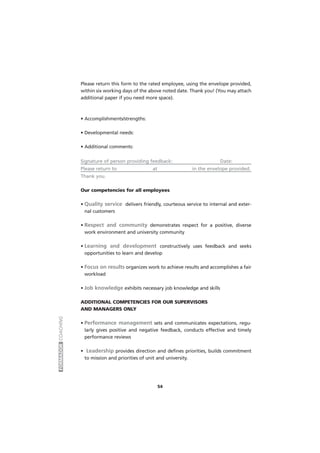 FORMADORCOACHING
54
Please return this form to the rated employee, using the envelope provided,
within six working days of the above noted date. Thank you! (You may attach
additional paper if you need more space).
• Accomplishments/strengths:
• Developmental needs:
• Additional comments:
Signature of person providing feedback: Date:
Please return to at in the envelope provided.
Thank you.
Our competencies for all employees
• Quality service delivers friendly, courteous service to internal and exter-
nal customers
• Respect and community demonstrates respect for a positive, diverse
work environment and university community
• Learning and development constructively uses feedback and seeks
opportunities to learn and develop
• Focus on results organizes work to achieve results and accomplishes a fair
workload
• Job knowledge exhibits necessary job knowledge and skills
ADDITIONAL COMPETENCIES FOR OUR SUPERVISORS
AND MANAGERS ONLY
• Performance management sets and communicates expectations, regu-
larly gives positive and negative feedback, conducts effective and timely
performance reviews
• Leadership provides direction and defines priorities, builds commitment
to mission and priorities of unit and university.
 