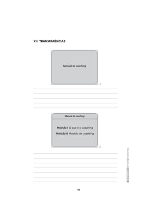 55
TRANSPARÊNCIASFORMADOR
Manual de coaching
Módulo I O que é o coaching
Módulo II Modelo de coaching
Manual de coaching
XII. TRANSPARÊNCIAS
1
2
 