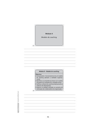 72
FORMADORTRANSPARÊNCIAS
Módulo II
Modelo de coaching
Objectivos
• Compreender o funcionamento de um modelo
de coaching aplicado à realidade organiza-
cional;
• Identificar as competências-chave num modelo
de gestão de competências e aptidões eficaz;
• Verificar a eficácia do coaching relativamente à
melhoria de desempenho;
• Explorar as medidas utilizadas no aumento da
motivação dos colaboradores da organização.
Módulo II – Modelo de coaching
35
36
 