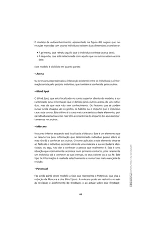 MODELODECOACHINGMÓDULOII
45
O modelo de autoconhecimento, apresentado na figura 4.8, sugere que nas
relações mantidas com outros indivíduos existem duas dimensões a considerar:
• A primeira, que retrata aquilo que o indivíduo conhece acerca de si;
• A segunda, que está relacionada com aquilo que os outros sabem acerca
dele.
Este modelo é dividido em quarto partes:
• Arena
Na Arena está representada a interacção existente entre os indivíduos e a infor-
mação retida pelo próprio indivíduo, que também é conhecida pelos outros.
• Blind Spot
O Blind Spot, que está localizado no canto superior direito do modelo, é ca-
racterizado pela informação que é detida pelos outros acerca de um indiví-
duo, mas de que este não tem conhecimento. Os factores que se podem
incluir nesta situação são os gestos, os hábitos ou o impacto que o indivíduo
causa nos outros. Este último é o caso mais característico deste elemento, pois
os indivíduos muitas vezes não têm a consciência do impacto dos seus compor-
tamentos nos outros.
• Máscara
No canto inferior esquerdo está localizada a Máscara. Este é um elemento que
se caracteriza pela informação que determinado indivíduo possui sobre si,
mas não dá a conhecer aos outros. O nome aplicado a este elemento deve-se
ao facto de o indivíduo esconder atrás de uma máscara a sua verdadeira iden-
tidade, ou seja, não dar a conhecer a pessoa que realmente é. Esta é uma
situação que normalmente acontece num primeiro contacto, pois raramente
um indivíduo dá a conhecer as suas crenças, os seus valores ou a sua fé. Este
tipo de informação é revelada selectivamente e numa fase mais avançada da
relação.
• Potencial
Faz ainda parte deste modelo a fase que representa o Potencial, que visa a
redução da Máscara e dos Blind Spots. A máscara pode ser reduzida através
da recepção e acolhimento do feedback, e ao actuar sobre esse feedback-
 