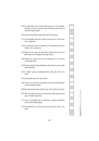 MODELODECOACHINGMÓDULOII
67
(59) Em discussões, acho muitas vezes que sou o único realista,
fazendo com que as pessoas não se desviem do assunto e
evitando especulações.
(60) Avalio várias alternativas antes de me convencer.
(61) Em discussões, descubro muitas vezes que sou o mais rea-
lista e objectivo.
(62) Em discussões, tendo a adoptar um low profile em vez de
liderar e ser o porta-voz.
(63) Gosto de ser capaz de relacionar acções actuais com um
panorama mais alargado, de longo prazo.
(64) Quando as coisas correm mal ultrapasso-as e encaro-as
como experiência.
(65) Tendo a rejeitar ideias rebeldes e espontâneas, como sendo
não praticáveis.
(66) É melhor pensar cuidadosamente antes de entrar em
acção.
(67) Geralmente ouço em vez de falar.
(68) Tendo a ser duro com as pessoas que acham difícil adoptar
uma abordagem lógica.
(69) Na maioria das vezes acredito que o fim justifica os meios.
(70) Não me importo de ferir os sentimentos das pessoas para
que o trabalho seja feito.
(71) Vejo a formalidade de ter objectivos e planos específicos
como sendo bloqueadora.
(72) Normalmente, sou uma das pessoas que dão vida a uma
festa.
 