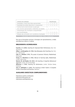 COACHINGEXERCÍCIOS
75
Para que os formandos concluam a formação com aproveitamento, a média
não deverá ser inferior a 3 valores.
BIBLIOGRAFIA ACONSELHADA
Fournies, F. F. (2000), Coaching for Improved Work Performance, New York:
McGraw-Hill
Gilley, J., and Boughton, N. (1996), Stop Managing, Start Coaching, New York,
N.Y., McGraw-Hill
Hale, R. e Whitlam (1995), The power of personal influence, Maidenhead,
McGrawHill
Honey, P. e Mumford, A. (1992), Manual of learning styles, Maidenhead,
Londres, Peter Honey
Neenan, M. and Dryden, W. (2002), Life Coaching: A Cognitive Behavioural
Approach, London: Brunner-Routledge
Whitmore, J. (1996), Coaching for Performance, London: Nicholas Brealey
Publishing
Zeus, P., Skiffington, S. (2002), The Coaching at Work Toolkit: A Complete
Guide to Techniques and Practices, Paperback
AUXILIARES DIDÁCTICOS COMPLEMENTARES
http://www.coachinc.com/CoachU
http://www.thecoaches.com
http://www.coachfederation.org
Critérios de avaliação Classificação
Qualidade e clareza das ideias apresentadas 1 2 3 4 5
Qualidade da análise (descritiva e comparativa) 1 2 3 4 5
Conhecimento demonstrado na aplicação
dos conceitos apresentados e debatidos nas sessões 1 2 3 4 5
Interpretação dos resultados e exequibilidade
das recomendações 1 2 3 4 5
Relação das conclusões com o problema investigado 1 2 3 4 5
1 Não satisfaz 2 Satisfaz pouco 3 Satisfaz 4 Bom 5 Muito bom
 