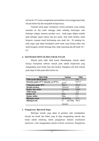 (di bawah 15 C) akan menghambat pertumbuhan serta menggurangi kadar
   minyak dalam biji dan mengubah komposisinya.
          Tanaman jarak pagar mempunyai system perakaran yang mampu
   menahan air dan tanah sehingga tahan terhadap kekeringan serta
   berfungsi sebagai tanaman penahan erosi. Jarak pagar ddapat tumbuh
   pada berbagai ragam tekstur dan jnis tanah., baik tanah berbatu, tanah
   berpasirr, maupun tanah berlempeng atau tanah liat. Di samping itu,
   jarak pagar juga dapat beradaptasi pada tanah yang kurang subur atau
   tanah beragam, meiliki drainage baik, tidak tergenang dan pH tanah 5,0 –
   6,5.


A. EKSTRAKSI MINYAK BIJI JARAK PAGAR
          Minyak jarak tidak lebih kental dibandingkan minyak nabati
   lainnya. Komponen terbesar minyak jarak adalah trrigliserida yang
   mengandung asam lemak oleat dan linoleat. Sdangkan sifat fisik minyak
   jarak dapat di lihat pada table berikut ini:


                    Sifat Fisik                      Satuan            Nilai
    Titik nyala (flash point)                     °C                236
    Densitas pada 15°C (density at 15°C)               3            0,9177
                                                  g/cm
    Viskositas pada 30°C                          Mm2/s             49,15
    Residu karbon                                 %(m/m)            0,34
    Kadar abu sulfat                              %(m/m)            0.007
    Titik tuang                                   °C                -2,5
    Kadar air                                     Ppm               935
    Kadar sulfur                                  Ppm               <1
    Bilangan asam                                 mg KOH/g          4,75
    Bilangan iod                                  G      iod/100g   966,5
                                                  minyak

1. Pengepresan Biji Jarak Pagar
          Beberapa metode yang dapat di gunakan untk mendapatkan
   minyak atu lemak dari bahan yang di duga mengandung minyak atau
   lemak adalah rendering, teknik pengepresan mekanis (mechanical
   expression ) dan menggunakan pelarut (solvent extraction). Pengepresan



                                     5
 