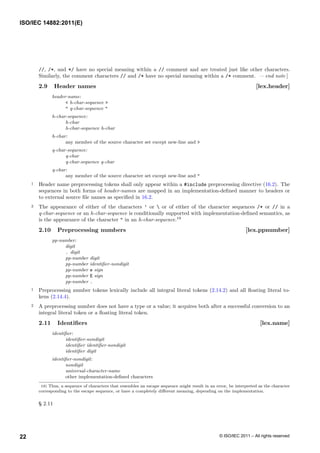 //, /*, and */ have no special meaning within a // comment and are treated just like other characters.
Similarly, the comment characters // and /* have no special meaning within a /* comment. — end note ]
2.9 Header names [lex.header]
header-name:
< h-char-sequence >
" q-char-sequence "
h-char-sequence:
h-char
h-char-sequence h-char
h-char:
any member of the source character set except new-line and >
q-char-sequence:
q-char
q-char-sequence q-char
q-char:
any member of the source character set except new-line and "
1 Header name preprocessing tokens shall only appear within a #include preprocessing directive (16.2). The
sequences in both forms of header-names are mapped in an implementation-defined manner to headers or
to external source file names as specified in 16.2.
2 The appearance of either of the characters ’ or  or of either of the character sequences /* or // in a
q-char-sequence or an h-char-sequence is conditionally supported with implementation-defined semantics, as
is the appearance of the character " in an h-char-sequence.19
2.10 Preprocessing numbers [lex.ppnumber]
pp-number:
digit
. digit
pp-number digit
pp-number identifier-nondigit
pp-number e sign
pp-number E sign
pp-number .
1 Preprocessing number tokens lexically include all integral literal tokens (2.14.2) and all floating literal to-
kens (2.14.4).
2 A preprocessing number does not have a type or a value; it acquires both after a successful conversion to an
integral literal token or a floating literal token.
2.11 Identifiers [lex.name]
identifier:
identifier-nondigit
identifier identifier-nondigit
identifier digit
identifier-nondigit:
nondigit
universal-character-name
other implementation-defined characters
19) Thus, a sequence of characters that resembles an escape sequence might result in an error, be interpreted as the character
corresponding to the escape sequence, or have a completely different meaning, depending on the implementation.
§ 2.11
ISO/IEC 14882:2011(E)
© ISO/IEC 2011 – All rights reserved
22
 