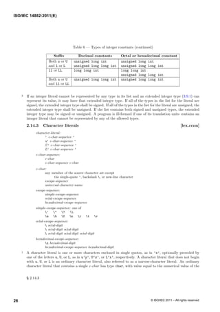 Table 6 — Types of integer constants (continued)
Suffix Decimal constants Octal or hexadecimal constant
Both u or U unsigned long int unsigned long int
and l or L unsigned long long int unsigned long long int
ll or LL long long int long long int
unsigned long long int
Both u or U unsigned long long int unsigned long long int
and ll or LL
3 If an integer literal cannot be represented by any type in its list and an extended integer type (3.9.1) can
represent its value, it may have that extended integer type. If all of the types in the list for the literal are
signed, the extended integer type shall be signed. If all of the types in the list for the literal are unsigned, the
extended integer type shall be unsigned. If the list contains both signed and unsigned types, the extended
integer type may be signed or unsigned. A program is ill-formed if one of its translation units contains an
integer literal that cannot be represented by any of the allowed types.
2.14.3 Character literals [lex.ccon]
character-literal:
’ c-char-sequence ’
u’ c-char-sequence ’
U’ c-char-sequence ’
L’ c-char-sequence ’
c-char-sequence:
c-char
c-char-sequence c-char
c-char:
any member of the source character set except
the single-quote ’, backslash , or new-line character
escape-sequence
universal-character-name
escape-sequence:
simple-escape-sequence
octal-escape-sequence
hexadecimal-escape-sequence
simple-escape-sequence: one of
’ " ? 
a b f n r t v
octal-escape-sequence:
 octal-digit
 octal-digit octal-digit
 octal-digit octal-digit octal-digit
hexadecimal-escape-sequence:
x hexadecimal-digit
hexadecimal-escape-sequence hexadecimal-digit
1 A character literal is one or more characters enclosed in single quotes, as in ’x’, optionally preceded by
one of the letters u, U, or L, as in u’y’, U’z’, or L’x’, respectively. A character literal that does not begin
with u, U, or L is an ordinary character literal, also referred to as a narrow-character literal. An ordinary
character literal that contains a single c-char has type char, with value equal to the numerical value of the
§ 2.14.3
ISO/IEC 14882:2011(E)
© ISO/IEC 2011 – All rights reserved
26
 