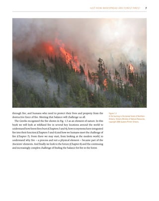 through fire; and humans who need to protect their lives and property from the
destructive force of fire. Meeting that balance will challenge us all.
The Greeks recognised the fire shown in Fig. 1.3 as an element of nature. In this
book we will look at wildland fire in several key locations around the world to
understand how forest fires burn (Chapters 3 and 4), how ecosystems have integrated
fire into their function (Chapters 5 and 6) and how we humans meet the challenge of
fire (Chapter 7). From there we may start, from looking at the modern world, to
understand why fire – a process and not a physical element – became part of the
Ancients’ elements. And finally we look to the future (Chapter 8) and the continuing
and increasingly complex challenge of finding the balance for fire in the forest.
Figure 1.3
A fire burning in the boreal forest of Northern
Ontario. Ontario Ministry of Natural Resources,
copyright 2006 Queens Printer Ontario.
JUST HOW WIDESPREAD ARE FOREST FIRES? 7
 