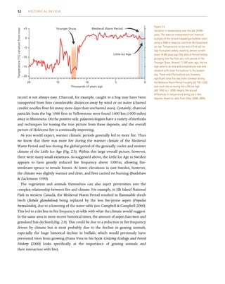 record is not always easy. Charcoal, for example, caught in a bog may have been
transported from fires considerable distances away by wind or on water (charred
conifer needles float for many more days than uncharred ones). Certainly, charcoal
particles from the big 1988 fires in Yellowstone were found 1600 km (1000 miles)
away in Minnesota. On the positive side, palaeoecologists have a variety of methods
and techniques for teasing the true picture from these deposits, and the overall
picture of Holocene fire is continually improving.
As you would expect, warmer climatic periods generally led to more fire. Thus
we know that there was more fire during the warmer climate of the Medieval
Warm Period and less during the global period of the generally cooler and moister
climate of the Little Ice Age (Fig. 2.5). Within this large overall picture, however,
there were many small variations. As suggested above, the Little Ice Age in Sweden
appears to have greatly reduced fire frequency above 1000 m, allowing fire-
intolerant spruce to invade forests. At lower elevations in east Sweden, however,
the climate was slightly warmer and drier, and fires carried on burning (Bradshaw
 Zackrisson 1990).
The vegetation and animals themselves can also inject perversities into the
complex relationship between fire and climate. For example, in Elk Island National
Park in western Canada, the Medieval Warm Period resulted in flammable shrub
birch (Betula glandulosa) being replaced by the less fire-prone aspen (Populus
tremuloides), due to a lowering of the water table (see Campbell  Campbell 2000).
This led to a decline in fire frequency at odds with what the climate would suggest.
In the same area in more recent historical times, the amount of aspen has risen and
grassland has declined (Fig. 2.6). This could be due to a reduction in fire frequency
driven by climate but is most probably due to the decline in grazing animals,
especially the huge historical decline in buffalo, which would previously have
prevented trees from growing (Frans Vera in his book Grazing Ecology and Forest
History (2000) looks specifically at the importance of grazing animals and
their interaction with fire).
–20
20 15 10
Thousands of years ago
5 0
–15
–10
Temperature
(°C)
variation
from
now
–5
0
+5 Younger Dryas Medieval Warm Period
Little Ice Age
Figure 2.5
Variation in temperature over the last 20000
years. The data are interpreted from chemical
analyses of the ice and trapped gas bubbles taken
along a 3000-m deep ice core from the Greenland
ice cap. Temperatures at the end of the last Ice
Age fluctuated widely, reaching almost current
levels 14 000 years ago (the Allerd Period) before
plunging into the final very cold period of the
Younger Dryas. Around 11 500 years ago, the Ice
Age came to an end and temperatures rose and
steadied with small fluctuations to the present
day. These small fluctuations are, however,
significant since fire was more common during
the Medieval Warm Period (roughly AD 750–1250)
and much less so during the Little Ice Age
(AD 1450 to c. 1850) despite the annual
differences in temperature being just a few
degrees. Based on data from Alley (2000, 2004).
12 HISTORICAL REVIEW
 