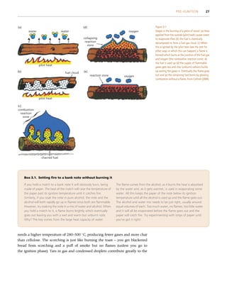 needs a higher temperature of 280–500 
C, producing fewer gases and more char
than cellulose. The scorching is just like burning the toast – you get blackened
bread from scorching and a puff of smoke but no flames (unless you go to
the ignition phase). Tars in gas and condensed droplets contribute greatly to the
Box 3.1. Setting fire to a bank note without burning it
If you hold a match to a bank note it will obviously burn, being
made of paper. The heat of the match will raise the temperature of
the paper past its ignition temperature until it catches fire.
Similarly, if you soak the note in pure alcohol, the note and the
alcohol will both rapidly go up in flames since both are flammable.
However, try soaking the note in a mix of water and alcohol. When
you hold a match to it, a flame burns brightly which eventually
goes out leaving you with a wet and warm but unburnt note.
Why? The key comes from the large heat capacity of water.
The flame comes from the alcohol; as it burns the heat is absorbed
by the water and, as it gets warmer, is used in evaporating some
water. All this keeps the paper of the note below its ignition
temperature until all the alcohol is used up and the flame goes out.
The alcohol and water mix needs to be just right, usually around
equal volumes of each. Too much water, no flames; too little water
and it will all be evaporated before the flame goes out and the
paper will catch fire. Try experimenting with strips of paper until
you’ve got it right!
combustion
reaction
zone
charred fuel
(a)
(b)
(c)
(d)
(e)
water
collapsing
reaction
zone
oxygen
reaction zone oxygen
water
fuel cloud
pilot heat
pilot heat
Figure 3.1
Stages in the burning of a piece of wood. (a) Heat
applied from the outside (pilot heat) causes water
to evaporate then (b) the fuel is chemically
decomposed to form a fuel gas cloud. (c) When
this is ignited by the pilot heat (see the text for
other ways in which this can happen) a flame is
formed which burns at the junction of the fuel gas
and oxygen (the combustion reaction zone). As
the fuel is used up (d) the supply of flammable
gases gets less and char (unburnt carbon) builds
up sealing the gases in. Eventually the flame goes
out and (e) the remaining fuel burns by glowing
combustion without a flame. From Cottrell (2004).
PRE-IGNITION 27
 