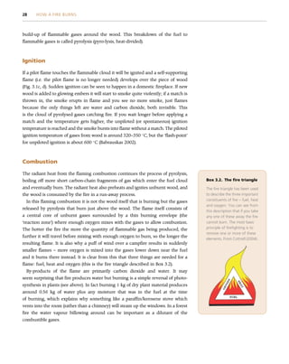 build-up of flammable gases around the wood. This breakdown of the fuel to
flammable gases is called pyrolysis (pyro-lysis, heat-divided).
Ignition
If a pilot flame touches the flammable cloud it will be ignited and a self-supporting
flame (i.e. the pilot flame is no longer needed) develops over the piece of wood
(Fig. 3.1c, d). Sudden ignition can be seen to happen in a domestic fireplace. If new
wood is added to glowing embers it will start to smoke quite violently; if a match is
thrown in, the smoke erupts in flame and you see no more smoke, just flames
because the only things left are water and carbon dioxide, both invisible. This
is the cloud of pyrolysed gases catching fire. If you wait longer before applying a
match and the temperature gets higher, the unpiloted (or spontaneous) ignition
temperature is reached and the smoke bursts into flame without a match. The piloted
ignition temperature of gases from wood is around 320–350 
C, but the ‘flash-point’
for unpiloted ignition is about 600 
C (Babrauskas 2002).
Combustion
The radiant heat from the flaming combustion continues the process of pyrolysis,
boiling off more short carbon-chain fragments of gas which enter the fuel cloud
and eventually burn. The radiant heat also preheats and ignites unburnt wood, and
the wood is consumed by the fire in a run-away process.
In this flaming combustion it is not the wood itself that is burning but the gases
released by pyrolysis that burn just above the wood. The flame itself consists of
a central core of unburnt gases surrounded by a thin burning envelope (the
‘reaction zone’) where enough oxygen mixes with the gases to allow combustion.
The hotter the fire the more the quantity of flammable gas being produced, the
further it will travel before mixing with enough oxygen to burn, so the longer the
resulting flame. It is also why a puff of wind over a campfire results in suddenly
smaller flames – more oxygen is mixed into the gases lower down near the fuel
and it burns there instead. It is clear from this that three things are needed for a
flame: fuel, heat and oxygen (this is the fire triangle described in Box 3.2).
By-products of the flame are primarily carbon dioxide and water. It may
seem surprising that fire produces water but burning is a simple reversal of photo-
synthesis in plants (see above). In fact burning 1 kg of dry plant material produces
around 0.56 kg of water plus any moisture that was in the fuel at the time
of burning, which explains why something like a paraffin/kerosene stove which
vents into the room (rather than a chimney) will steam up the windows. In a forest
fire the water vapour billowing around can be important as a dilutant of the
combustible gases.
Box 3.2. The fire triangle
The fire triangle has been used
to describe the three important
constituents of fire – fuel, heat
and oxygen. You can see from
this description that if you take
any one of these away the fire
cannot burn. The most basic
principle of firefighting is to
remove one or more of these
elements. From Cottrell (2004).
28 HOW A FIRE BURNS
 