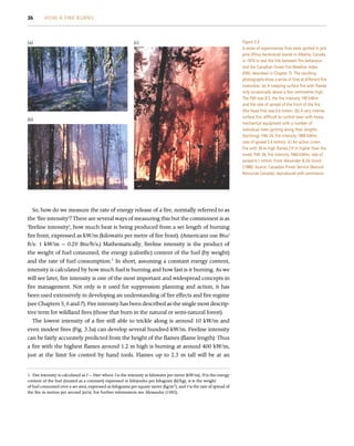 So, how do we measure the rate of energy release of a fire, normally referred to as
the ‘fire intensity’? There are several ways of measuring this but the commonest is as
‘fireline intensity’, how much heat is being produced from a set length of burning
fire front, expressed as kW/m (kilowatts per metre of fire front). (Americans use Btu/
ft/s: 1 kW/m ¼ 0.29 Btu/ft/s.) Mathematically, fireline intensity is the product of
the weight of fuel consumed, the energy (calorific) content of the fuel (by weight)
and the rate of fuel consumption.1
In short, assuming a constant energy content,
intensity is calculated by how much fuel is burning and how fast is it burning. As we
will see later, fire intensity is one of the most important and widespread concepts in
fire management. Not only is it used for suppression planning and action, it has
been used extensively in developing an understanding of fire effects and fire regime
(see Chapters 5, 6 and 7). Fire intensity has been described as the single most descrip-
tive term for wildland fires (those that burn in the natural or semi-natural forest).
The lowest intensity of a fire still able to trickle along is around 10 kW/m and
even modest fires (Fig. 3.3a) can develop several hundred kW/m. Fireline intensity
can be fairly accurately predicted from the height of the flames (flame length). Thus
a fire with the highest flames around 1.2 m high is burning at around 400 kW/m,
just at the limit for control by hand tools. Flames up to 2.3 m tall will be at an
(a)
(b)
(c) Figure 3.3
A series of experimental fires were ignited in jack
pine (Pinus banksiana) stands in Alberta, Canada
in 1974 to test the link between fire behaviour
and the Canadian Forest Fire Weather Index
(FWI, described in Chapter 7). The resulting
photographs show a series of fires at different fire
intensities. (a) A creeping surface fire with flames
only occasionally above a few centimetres high.
The FWI was 8.5, the fire intensity 190 kW/m
and the rate of spread of the front of the fire
(the head fire) was 0.6 m/min. (b) A very intense
surface fire, difficult to control even with heavy
mechanical equipment with a number of
individual trees igniting along their lengths
(torching). FWI 24, fire intensity 1900 kW/m,
rate of spread 3.4 m/min). (c) An active crown
fire with 30-m high flames (10 m higher than the
trees). FWI 34, fire intensity 7460 kW/m, rate of
spread 6.1 m/min. From Alexander  De Groot
(1988). Source: Canadian Forest Service (Natural
Resources Canada), reproduced with permission.
1. Fire intensity is calculated as I ¼ Hwr where I is the intensity in kilowatts per metre (kW/m); H is the energy
content of the fuel (treated as a constant) expressed in kilojoules per kilogram (kJ/kg); w is the weight
of fuel consumed over a set area, expressed as kilograms per square metre (kg/m2
); and r is the rate of spread of
the fire in metres per second (m/s). For further information see Alexander (1982).
36 HOW A FIRE BURNS
 