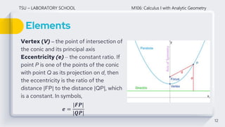 Elements
12
Vertex (V) – the point of intersection of
the conic and its principal axis
Eccentricity (e) – the constant ratio. If
point P is one of the points of the conic
with point Q as its projection on d, then
the eccentricity is the ratio of the
distance |FP| to the distance |QP|, which
is a constant. In symbols,
𝒆 =
|𝑭𝑷|
|𝑸𝑷|
TSU – LABORATORY SCHOOL M106: Calculus I with Analytic Geometry
 