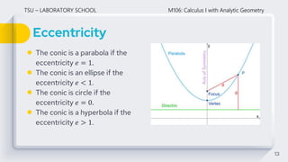 Eccentricity
13
● The conic is a parabola if the
eccentricity 𝑒 = 1.
● The conic is an ellipse if the
eccentricity 𝑒 < 1.
● The conic is circle if the
eccentricity 𝑒 = 0.
● The conic is a hyperbola if the
eccentricity 𝑒 > 1.
TSU – LABORATORY SCHOOL M106: Calculus I with Analytic Geometry
 