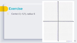 Exercise
1. Center 𝐶(−5,7), radius: 6
22
 