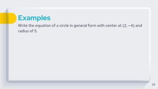 Examples
Write the equation of a circle in general form with center at (2, −4) and
radius of 5.
28
 