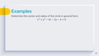 Examples
Determine the center and radius of the circle in general form.
𝑥2 + 𝑦2 − 4𝑥 − 2𝑦 − 4 = 0
29
 