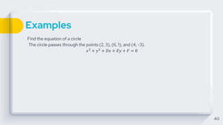 Examples
Find the equation of a circle
The circle passes through the points (2, 3), (6, 1), and (4, -3).
𝑥2
+ 𝑦2
+ 𝐷𝑥 + 𝐸𝑦 + 𝐹 = 0
40
 