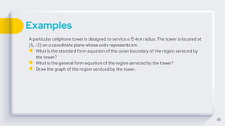 Examples
A particular cellphone tower is designed to service a 15-km radius. The tower is located at
(5, -3) on a coordinate plane whose units represents km.
● What is the standard form equation of the outer boundary of the region serviced by
the tower?
● What is the general form equation of the region serviced by the tower?
● Draw the graph of the region serviced by the tower.
41
 
