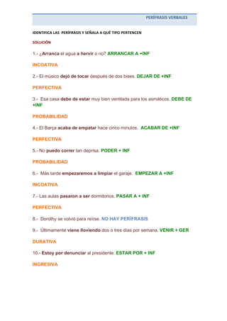PERÍFRASIS	
  VERBALES	
   	
  
IDENTIFICA	
  LAS	
  	
  PERÍFRASIS	
  Y	
  SEÑALA	
  A	
  QUÉ	
  TIPO	
  PERTENCEN	
  
SOLUCIÓN	
  
1.- ¿Arranca el agua a hervir o no? ARRANCAR A +INF
INCOATIVA
2.- El músico dejó de tocar después de dos bises. DEJAR DE +INF
PERFECTIVA
3.- Esa casa debe de estar muy bien ventilada para los asmáticos. DEBE DE
+INF
PROBABILIDAD
4.- El Barça acaba de empatar hace cinco minutos. ACABAR DE +INF
PERFECTIVA
5.- No puedo correr tan deprisa. PODER + INF
PROBABILIDAD
6.- Más tarde empezaremos a limpiar el garaje. EMPEZAR A +INF
INCOATIVA
7.- Las aulas pasaron a ser dormitorios. PASAR A + INF
PERFECTIVA
8.- Dorothy se volvió para reírse. NO HAY PERÍFRASIS
9.- Últimamente viene lloviendo dos o tres días por semana. VENIR + GER
DURATIVA
10.- Estoy por denunciar al presidente. ESTAR POR + INF
INGRESIVA
 