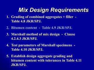 Mix Design Requirements
1. Grading of combined aggregates + filler -
Table 4.8 JKR/SPJ.
2. Bitumen content - Table 4.9 JKR/SPJ.
3. Marshall method of mix design - Clause
4.2.4.3 JKR/SPJ.
4. Test parameters of Marshall specimens -
Table 4.10 JKR/SPJ.
5. Establish design aggregate grading and
bitumen content with tolerances in Table 4.11
JKR/SPJ.
 
