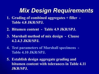 Mix Design Requirements
1. Grading of combined aggregates + filler -
Table 4.8 JKR/SPJ.
2. Bitumen content - Table 4.9 JKR/SPJ.
3. Marshall method of mix design - Clause
4.2.4.3 JKR/SPJ.
4. Test parameters of Marshall specimens -
Table 4.10 JKR/SPJ.
5. Establish design aggregate grading and
bitumen content with tolerances in Table 4.11
JKR/SPJ.
 