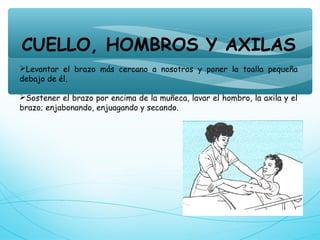 CUELLO, HOMBROS Y AXILAS
Levantar el brazo más cercano a nosotros y poner la toalla pequeña
debajo de él.
Sostener el brazo por encima de la muñeca, lavar el hombro, la axila y el
brazo; enjabonando, enjuagando y secando.
 