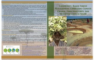 Crystal	
  Leigh	
  Edmunds
Environmental	
  Economics
Winter	
  Quarter	
  2011
Community-Based Forest
Management: Combating Climate
Change, Food Insecurity And
Desertification in Niger
IN	
  THIS	
  BROCHURE:	
  
PAGE	
  ONE:	
  Principles	
  of	
  Community-­Based	
  Forest	
  Management	
  &	
  
Economic	
  Analysis	
  of	
  Community-­Based	
  Forest	
  Management	
  and	
  UN-­
REDD	
  &	
  Key	
  Achievements	
  in	
  Niger’s	
  Re-­Greening	
  Movement	
  PAGE	
  
TWO:	
  Key	
  Dates	
  in	
  Niger’s	
  Greening	
  &	
  Farmer	
  Managed	
  Natural	
  
Regeneration	
  PAGE	
  THREE:	
  International	
  Case	
  Studies	
  in	
  Community-­
Based	
  Forest	
  Management
148
Farmers Spread the Word
Within a few years, farmers throughout the region began to
experiment with regeneration. As thousands of households
quickly made impressive gains in crop yields and incomes, the
practice spread from farmer to farmer and from district to
district, driven by self-interest without project intervention. As
regenerating trees requires no ﬁnancial outlays for materials or
equipment by poor, risk-averse farmers, FMNR was well adapted
to such spontaneous self-scaling (Rinaudo 2005a:17–18).
Farmers became the best spokespersons for woodland
regeneration. But the movement was also facilitated by external
intermediary support, with donor agencies funding village
implementation projects, farmer study tours, and farmer-to-
farmer exchanges. By the mid-1990s, FMNR had become
standard practice within the MIDP operational area in Maradi.
Project staff had also trained farmers and NGO field workers
in five of Niger’s six other regions, including neighboring
Tahoua and Zinder and more distant Tillabéri, Dosso and
Diffa (Rinaudo 2008). Other rural development projects
adopted and promoted FMNR methods in their programs,
including some funded by the German government and the
World Bank and implemented by organizations that included
IFAD and CARE International (Larwanou et al. 2006;
Boubacar 2006:16; USAID et al. 2002:42).
Following a military coup d’état in Niger in 1996, most of
this donor assistance was suspended (USAID et al. 2002:42). Yet
woodland regeneration continued to spread rapidly, underlining
the key role played by farmers themselves in self-scaling
(Winterbottom 2008). In 2004—the year in which government
reforms formally awarded tree ownership to rural landowners—
observers estimated the number of regenerated trees in
Maradi’s Aguié district alone at about 4 million (Reij 2004:1).
By 2006, farmers in the densely populated parts of Zinder had
almost universally adopted FMNR on about 1 million ha—
without any major donor intervention (Larwanou et al.
2006:12–13, 17).
This remarkable trend, attributed by observers to the high
economic value of Zinder’s dominant gao and baobab trees,
underlines the profound shift that farmer-led regeneration has
brought about in national consciousness (Larwanou et al.
2006:12, 14). The gao tree has always been highly valued in
Niger—under Hausa tradition, for instance, anyone cutting the
sultan’s gao trees was subject to physical punishment (Larwanou
et al. 2006:14). But with Niger’s recent decentralization of
natural resource management and the legalization of tree-
cutting, the gaos’ value can now be translated into economic
beneﬁts for the rural farmers that tend them.
While no comprehensive national inventory has been
conducted, aerial and ground surveys and anecdotal evidence
suggest that by 2006, trees had reappeared on about 5 million ha,
nearly half of all cultivated land in Niger (Tappan 2007). In
Maradi and Zinder, which account for over half of Niger’s cereal
production and where 40 percent of its people live, the practice of
FMNR is now common (Wentling 2008b: 7; Rinaudo 2005a:5, 9).
Demi-lunes
Stone lines
--
--
--
--
20
97
46
91
Source: Adapted from Abdoulaye and Ibro 2006:37.
INTERNATIONAL	
  CASE	
  STUDIES	
  IN	
  COMMUNITY-­BASED	
  FOREST	
  MANAGEMENT
LESSONS	
  FROM	
  MALI
• The	
   community-­‐as-­‐sedentary-­‐village	
   approach	
   fits	
  poorly	
  with	
  the	
   ecological	
   and	
  social	
   realities	
   of	
   the	
   Sahel.	
   The	
  
spatial	
   extent	
   of	
   “resource	
   portfolios”	
   for	
   rural	
   inhabitants	
   varies	
   from	
   a	
   distance	
   of	
   a	
   few	
   miles	
   	
   from	
   some	
  
sedentary	
   villagers	
   to	
   thousands	
  of	
   miles	
  for	
   some	
   livestock	
   herders.	
   Mali	
   has	
   introduced	
   ways	
   to	
   bring	
   migrant	
  
forest	
  users	
  into	
  community-­‐based	
  management	
  systems,	
  including:	
  
• Intensive	
   applied	
  participatory	
  research	
  programs	
  that	
  are	
  directly	
  incorporated	
   into	
  ongoing	
  management	
  and	
  
implementation	
  efforts	
  have	
  been	
  developed	
  and	
  refined.
• Herder	
  representation	
  within	
  decision-­‐making	
  entities	
  has	
  been	
  encouraged.	
  
• To	
  increase	
   opportunities	
  for	
  migrant	
  forest	
  users	
  to	
  participate	
  in	
  critical	
  discussions,	
  key	
  meetings	
  in	
  different	
  
locations	
  to	
  ensure	
  nonresident	
  users	
  have	
  a	
  voice	
  in	
  such	
  decisions	
  are	
  held.
• Information	
  available	
  in	
  appropriate	
  formats	
  and	
  languages	
  have	
  been	
  made	
  available.
• Key	
  players	
  (such	
  as	
  village	
  leaders)	
  who	
  understand	
  and	
  respect	
  migrant	
  users	
  are	
  integral	
  to	
  development.
LESSONS	
  FROM	
  GUATEMALA	
  
• Uncontrolled	
   immigration,	
   poor	
   organization	
   and	
   governance,	
   corruption	
   and	
   agricultural	
   encroachment	
   threaten	
  
the	
  	
  future	
  stability	
  of	
  community	
  forest	
  enterprises	
  	
  
• The	
   borders	
  of	
   some	
  concessions	
  were	
  drawn	
  without	
  close	
  attention	
  to	
  the	
   makeup	
  of	
  the	
  forests	
  and	
  without	
  
input	
  from	
   forestry	
  professionals.	
  Several	
   have	
  since	
  proved	
  too	
  small	
  and	
  devoid	
  of	
   high-­‐value	
   timber	
  species	
  
that	
  could	
  provide	
  a	
  viable	
  income	
  from	
  sustainable	
  timber	
  operations,	
  and	
  they	
  have	
  struggled	
  to	
  make	
  a	
  profit.	
  
• Communities	
  need	
  skills	
  to	
  manage	
   the	
   business	
  side	
   of	
   the	
  concession:	
  sales,	
  marketing,	
  and	
  certification.	
  The	
  
National	
  Forest	
  Institute	
  is	
  helping	
  refine	
  villagers’	
  technical	
  forestry	
  skills.	
  
• Long-­‐term	
  planning	
  has	
  improved	
  CFEs’	
  business	
  performance.	
  Chemonics	
  has	
  developed	
  enterprises	
  to	
  produce	
  
five-­‐year	
  plans,	
  forecasting	
  timber	
  supply,	
  improving	
  sales	
  forecasts,	
  and	
  guiding	
  investment	
  decisions.
• CFEs	
   must	
  have	
   at	
   least	
  one	
   manager	
  with	
   forestry	
  experience,	
   and	
   governing	
   boards	
   must	
  retain	
   one	
   or	
  two	
  
members	
  for	
  more	
  than	
  one	
  term	
  of	
  office.
• FORESCOM,	
   the	
   collective	
   forestry	
   services	
   company,	
   markets	
   the	
   combined	
   harvests	
   of	
   the	
   members	
   to	
  
command	
  better	
  prices	
  and	
  encourages	
  the	
  production	
  of	
  additional	
  products.	
  
• Delegating	
   certain	
   critical	
   management	
   decisions	
   to	
   FORESCOM	
   is	
   one	
   key	
   factor	
   that	
   has	
   made	
   eight	
   of	
   the	
  
concessions	
  self-­‐sufficient	
  and	
  profitable.
LESSONS	
  FROM	
  INDIA
• Community	
  forest	
   management	
  has	
  provided	
   an	
   alternative	
   to	
  traditional	
  custodial	
   policing	
   systems,	
   along	
   with	
   a	
  
fundamental	
  shift	
  from	
  timber	
  extraction	
  to	
  non-­‐timber	
  forest	
  products.	
  
• Thousands	
   of	
   forest	
   protection	
   committees	
   have	
   formed	
   over	
   the	
   past	
   decade,	
   leading	
   to	
   the	
   development	
   of	
  
federations	
  of	
  forest	
  protection	
  committees	
  throughout	
  the	
  subcontinent.
LESSONS	
  FROM	
  THE	
  UNITED	
  STATES
• Community-­‐based	
   efforts	
   and	
   collaborative	
   efforts	
   cannot	
   be	
   effective	
   at	
   changing	
   global	
   forces	
   (liberalized	
  
economic	
  policies,	
  rapid	
  demographic	
  change,	
  rapid	
  movement	
  of	
  capital,	
  escalating	
   consumption	
  rates)-­‐-­‐	
  they	
  must	
  
be	
  strengthened	
  through	
  increased	
  communication	
  and	
  sharing	
  between	
  communities	
  and	
  finding	
  new	
  political	
  and	
  
economic	
  mechanisms	
  to	
  influence	
  global	
  forces.	
  
• The	
   diversity	
   that	
   characterizes	
   many	
   communities	
   is	
   both	
   a	
   strength	
   and	
   a	
   weakness	
   for	
   community-­‐based	
  
ecosystem	
   management.	
   Brining	
   traditionally	
  marginalized	
   groups	
   into	
  the	
   partnerships	
   still	
   plagues	
  community-­‐
based	
  resource	
  management	
  around	
  the	
  world.	
  
• In	
  most	
  cases,	
  opportunities	
  were	
  missed	
  to	
  scale	
  up	
  local	
  innovations	
  and	
  to	
  modify	
  the	
   subsidies,	
  tax	
  frameworks,	
  
and	
  forest	
  management	
  and	
  market	
  regulations	
  that	
  were	
  crippling	
  local	
  enterprises.
BIBLIOGRAPHY	
  
African	
   Development	
   Bank	
   Group.	
   “Niger	
   intensifies	
   battle	
   against	
   desertification	
   and	
   drought.”	
  
African	
   Development	
   Bank	
   Group.	
   Accessed	
   Feb.	
   22,	
   2011.	
   <http://www.afdb.org/en/news-­‐events/
article/niger-­‐intensifies-­‐battle-­‐against-­‐desertification-­‐and-­‐drought-­‐7488/>.	
  
Reij,	
  Chris.	
  et	
  al.	
  “Agroenvironmental	
  transformation	
  in	
  the	
  Sahel.”	
  IFPRI.	
  November	
  2009.	
  Accessed	
  Feb.	
  
22,	
  2011.	
  <http://www.ifpri.org/publication/agroenvironmental-­‐transformation-­‐sahel>.	
  
Reij,	
  Chris.	
  “Building	
  on	
  a	
  current	
  green	
  revolution	
  in	
  the	
  Sahel.	
  Some	
  lessons	
  from	
  farmer-­‐managed	
  re-­‐
greening	
  in	
  Niger.”	
  Amsterdam:	
  Centre	
  for	
  International	
  Cooperation,	
  VU	
  University	
  Amsterdam.	
  Accessed	
  
Feb.	
  22,	
  2011.	
  <http://desertiZication.wordpress.com/2009/06/19/building-­‐on-­‐a-­‐current-­‐green-­‐
revolution-­‐in-­‐the-­‐sahel-­‐drynet-­‐bothends/.>	
  
Perry,	
  Alex	
  	
  “Land	
  of	
  Hope.”	
  Dec.	
  12,	
  2010.	
  Accessed	
  Feb.	
  22,	
  2011.	
  Time	
  Magazine.	
  <http://
www.time.com/time/magazine/article/0,9171,2034377,00.html#ixzz1Bp8QaLmy>.	
  
Rinaudo,	
  Tony.	
  The	
  Permaculture	
  Research	
  Institute	
  of	
  Australia.	
  “The	
  Development	
  of	
  Farmer	
  Managed	
  
Natural	
  Regeneration.”	
  Sept.	
  24,	
  2008.	
  Accessed	
  Feb.	
  22,	
  2011.	
  <http://permaculture.org.au/
2008/09/24/the-­‐development-­‐of-­‐farmer-­‐managed-­‐natural-­‐regeneration/>.
World	
  Resources	
  Institute.	
  “Routes	
  to	
  Resilience.”	
  World	
  Resources	
  Institute.	
  2008.	
  Accessed	
  March	
  2,	
  
2011.	
  <http://pdf.wri.org/world_resources_2008_roots_of_resilience_chapter3.pdf>.	
  
!"##$%&'()*+,-./0"1-,'/#+%+2-#-%'
!"#$%&!'%!"!()!'*+,!"#$%-".,$/%0"11#!*/*,$%&2*3,%
4&5,%6,,!%#!&62,%/"%#$,%-".,$/$%/"%7#.$#,%/4,*.%
"8!%',5,2"71,!/9:
%;,/%-".,$/$%1&!&+,'%#!',.%
0#$/"1&.<%/,!#.,%/"'&<%+.,&/2<%,=0,,'%/4,%&.,&%"-%
,$/&/,D%&.,%"--*0*&22<%0"11#!*/<%"8!,'%".%1&!&+,'%
&!'%&!"/4,.%IG9KJ%&.,%"8!,'%6<%$1&224"2',.$%&!'%
-*.1$9%?"0&2%.*+4/$%&.,%1"$/%1&.3,'%*!%',5,2"7*!+%
0"#!/.*,$D%84,.,D%&00".'*!+%/"%LHHK%"--*0*&2%0"#!/.<%
Q)RSTP%IA%QUTPV>%>PWSTP%X;%TPR)UWD%LHIH
=6$%.&>'?"#*/+',1-'?&+6$%.&+'@1"/",/"A&<'BC(C<')*&';1-'65'/*&'D"1/&%0,1->'!6%&+/+E'86150"./E',1-'80"7,/&'8*,1#&<'
F,+*"1#/61E'G8>'?"#*/+',1-'?&+6$%.&+'@1"/",/"A&<'H'I<
Demi-lunes
Adding Value: Reclaiming Water a
Since the late 1970s, donor efforts to stave off fu
have also included the introduction of simple so
conservation techniques to rehabilitate barren land
 