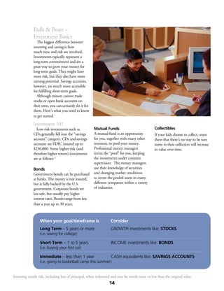 Bulls & Bears –
Investment Basics
	 The biggest difference between
investing and saving is how
much time and risk are involved.
Investments typically represent a
long-term commitment and are a
great way to grow your money for
long-term goals. They might have
more risk, but they also have more
earning potential. Savings accounts,
however, are much more accessible
for fulfilling short-term goals.
	 Although minors cannot trade
stocks or open bank accounts on
their own, you can certainly do it for
them. Here’s what you need to know
to get started:
Investment 101
Low-risk investments such as
CDs generally fall into the “savings
account” category. CDs and savings
accounts are FDIC insured up to
$250,000. Some higher-risk (and
therefore higher return) investments
are as follows:11
Bonds
Government bonds can be purchased
at banks. The money is not insured,
but is fully backed by the U.S.
government. Corporate bonds are
less safe, but usually pay higher
interest rates. Bonds range from less
than a year up to 30 years.
Mutual Funds
A mutual fund is an opportunity
for you, together with many other
investors, to pool your money.
Professional money managers
invest the “pool” for you, keeping
the investments under constant
supervision. The money managers
use their knowledge of securities
and changing market conditions
to invest the pooled assets in many
different companies within a variety
of industries.
Collectibles
If your kids choose to collect, warn
them that there’s no way to be sure
items in their collection will increase
in value over time.
When your goal/timeframe is	 Consider
Long Term – 5 years or more	 GROWTH investments like: STOCKS
(i.e. saving for college)	
Short Term – 1 to 5 years	 INCOME investments like: BONDS
(i.e. buying your first car)
Immediate – less than 1 year	 CASH equivalents like: Savings Accounts 	
(i.e. going to basketball camp this summer)	
14
Investing entails risk, including loss of principal, when redeemed and may be worth more or less than the original value.
 