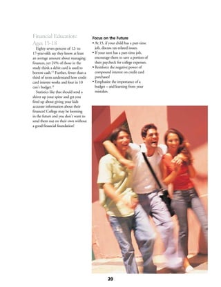 Financial Education:
Ages 15-18
	 Eighty seven percent of 12- to
17-year-olds say they know at least
an average amount about managing
finances, yet 24% of those in the
study think a debit card is used to
borrow cash.13
Further, fewer than a
third of teens understand how credit
card interest works and four in 10
can’t budget.13
	 Statistics like that should send a
shiver up your spine and get you
fired up about giving your kids
accurate information about their
finances! College may be looming
in the future and you don’t want to
send them out on their own without
a good financial foundation!
Focus on the Future
• At 15, if your child has a part-time
job, discuss tax-related issues.
• If your teen has a part-time job,
encourage them to save a portion of
their paycheck for college expenses.
• Reinforce the negative power of
compound interest on credit card
purchases!
• Emphasize the importance of a
budget – and learning from your
mistakes.
20
 