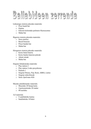 Lehenengo zientzia jokorako materiala:
   o Ptxer handi bat
   o Ozpina
   o Edozein koloretako polimero fluorescentea
   o Mahai bat

Bigarren zientzia jokorako materiala:
   o Sosa caustica
   o Benzil benzoin
   o Pitxer handni bat
   o Mahai bat

Hirugarren zientzia jokorako materiala:
   o Kotxe baten bateria
   o Kotxe bateko baterien pintzak
   o Arkatz minak
   o Mahai bat

Singstar lehiaketarako materiala:
   o Play station 2
   o Play station 2-rako proyektorea
   o Pantaila 1
   o Singstar Disney, Pop, Rock, ABBA, Latino
   o Singstar mikrofonoak
   o Saria: Ipod nano 4Gb


Museko jokaldietarako materiala:
  o Muserako 20 baraja karta
  o 4 pertsonentzako 20 mahai
  o 80 eserleku

3x3 materiala
   o 8 saskibaloiko kantsa
   o Saskibaloiko 10 baloi




                                          6
 