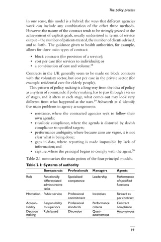 19
In one sense, this model is a hybrid: the ways that different agencies
work can include any combination of the other three methods.
However,the nature of the contract tends to be strongly geared to the
achievement of explicit goals, usually understood in terms of service
output – the number of patients treated,the number of clients advised,
and so forth. The guidance given to health authorities, for example,
allows for three main types of contract:
• block contracts (for provision of a service);
• cost per case (for services to individuals); or
• a combination of cost and volume.18
Contracts in the UK generally seem to be made on block contracts
with the voluntary sector, but cost per case in the private sector (for
example, residential care for elderly people).
This pattern of policy making is a long way from the idea of policy
as a system of commands:if policy making has to pass through a series
of stages, and it alters at each stage, what comes out may look very
different from what happened at the start.19 Ashworth et al identify
five main problems in agency arrangements:
• resistance, where the contracted agencies seek to follow their
own agenda;
• ritualistic compliance, where the agenda is distorted by slavish
compliance to specified targets;
• performance ambiguity, where because aims are vague, it is not
clear what is being done;
• gaps in data, where reporting is made impossible by lack of
information; and
• capture,where the principal begins to comply with the agent.20
Table 2.1 summarises the main points of the four principal models.
The policy process
Table 2.1: Systems of authority
Bureaucrats Professionals Managers Agents
Role Functionally Specialised Leadership Performance
differentiated competence of specified
administrative functions
tasks
Motivation Public service Professional Incentives Reward as
commitment per contract
Accoun- Responsibility Professional Performance Contract
tability to superiors standards criteria compliance
Decision Rule based Discretion Quasi- Autonomous
making autonomous
 