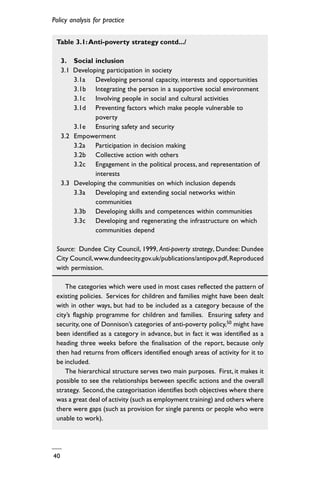Policy analysis for practice
40
Table 3.1:Anti-poverty strategy contd.../
3. Social inclusion
3.1 Developing participation in society
3.1a Developing personal capacity, interests and opportunities
3.1b Integrating the person in a supportive social environment
3.1c Involving people in social and cultural activities
3.1d Preventing factors which make people vulnerable to
poverty
3.1e Ensuring safety and security
3.2 Empowerment
3.2a Participation in decision making
3.2b Collective action with others
3.2c Engagement in the political process, and representation of
interests
3.3 Developing the communities on which inclusion depends
3.3a Developing and extending social networks within
communities
3.3b Developing skills and competences within communities
3.3c Developing and regenerating the infrastructure on which
communities depend
The categories which were used in most cases reflected the pattern of
existing policies. Services for children and families might have been dealt
with in other ways, but had to be included as a category because of the
city’s flagship programme for children and families. Ensuring safety and
security, one of Donnison’s categories of anti-poverty policy,50 might have
been identified as a category in advance, but in fact it was identified as a
heading three weeks before the finalisation of the report, because only
then had returns from officers identified enough areas of activity for it to
be included.
The hierarchical structure serves two main purposes. First, it makes it
possible to see the relationships between specific actions and the overall
strategy. Second, the categorisation identifies both objectives where there
was a great deal of activity (such as employment training) and others where
there were gaps (such as provision for single parents or people who were
unable to work).
Source: Dundee City Council, 1999, Anti-poverty strategy, Dundee: Dundee
City Council,www.dundeecity.gov.uk/publications/antipov.pdf,Reproduced
with permission.
 