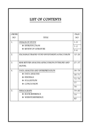 LIST OF CONTENTS
ORDER
NO. TITLE
PAGE
NO.
1. DESIGN OF STUDY
 INTRODUCTION
 RIVIEWOF LITRATURE
1-9
1-2
3-6
2. EXCHANGE TRADED FUND INVESTMENT:ADISCUSSION 10-26
3. RISK RETURN ANALYSIS:ADISCUSSION OF THEORY AND
MODEL
27-37
4. DATA ANALYSIS AND INTREPRETATION
 DATA ANALYSIS
 FINDINGS
 SUGGESTION
 CONCLUSION
38-78
38-71
72-76
77
78
5. BIBLIOGRAPH
 BOOK REFERENCE
 WEBSITE REFERENCE
79-80
79
80
 