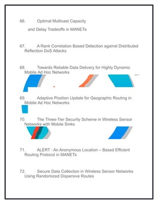 66. Optimal Multicast Capacity
and Delay Tradeoffs in MANETs
67. A Rank Correlation Based Detection against Distributed
Reﬂection DoS Attacks
68. Towards Reliable Data Delivery for Highly Dynamic
Mobile Ad Hoc Networks
69. Adaptive Position Update for Geographic Routing in
Mobile Ad Hoc Networks
70. The Three-Tier Security Scheme in Wireless Sensor
Networks with Mobile Sinks
71. ALERT : An Anonymous Location – Based Efficient
Routing Protocol in MANETs
72. Secure Data Collection in Wireless Sensor Networks
Using Randomized Dispersive Routes
 