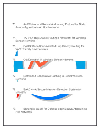 73. An Efficient and Robust Addressing Protocol for Node
Autoconfiguration in Ad Hoc Networks
74. TARF: A Trust-Aware Routing Framework for Wireless
Sensor Networks
75. BAHG: Back-Bone-Assisted Hop Greedy Routing for
VANET’s City Environments
76. Cut Detection in Wireless Sensor Networks
77. Distributed Cooperative Caching in Social Wireless
Networks
78. EAACK—A Secure Intrusion-Detection System for
MANETs
79. Enhanced OLSR for Defense against DOS Attack in Ad
Hoc Networks
 