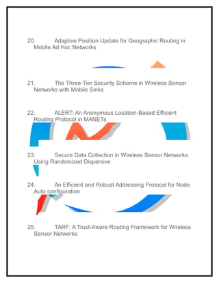 20. Adaptive Position Update for Geographic Routing in
Mobile Ad Hoc Networks
21. The Three-Tier Security Scheme in Wireless Sensor
Networks with Mobile Sinks
22. ALERT: An Anonymous Location-Based Efficient
Routing Protocol in MANETs
23. Secure Data Collection in Wireless Sensor Networks
Using Randomized Dispersive
24. An Efficient and Robust Addressing Protocol for Node
Auto configuration
25. TARF: A Trust-Aware Routing Framework for Wireless
Sensor Networks
 