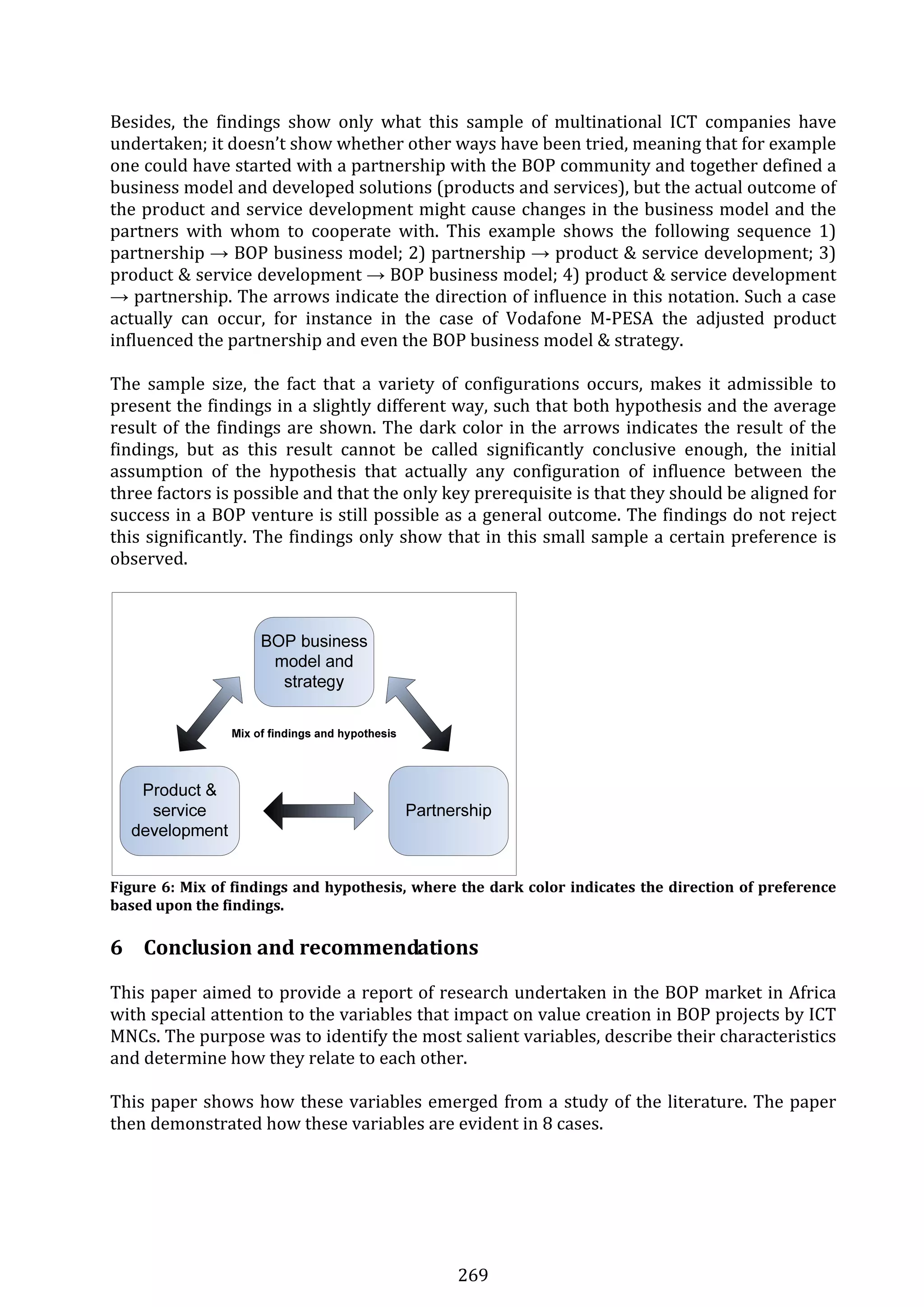 269 
Besides,  the  findings  show  only  what  this  sample  of  multinational  ICT  companies  have 
undertaken; it doesn’t show whether other ways have been tried, meaning that for example 
one could have started with a partnership with the BOP community and together defined a 
business model and developed solutions (products and services), but the actual outcome of 
the product and service development might cause changes in the business model and the 
partners  with  whom  to  cooperate  with.  This  example  shows  the  following  sequence  1) 
partnership → BOP business model; 2) partnership → product & service development; 3) 
product & service development → BOP business model; 4) product & service development 
→ partnership. The arrows indicate the direction of influence in this notation. Such a case 
actually  can  occur,  for  instance  in  the  case  of  Vodafone  M‐PESA  the  adjusted  product 
influenced the partnership and even the BOP business model & strategy. 
 
The  sample  size,  the  fact  that  a  variety  of  configurations  occurs,  makes  it  admissible  to 
present the findings in a slightly different way, such that both hypothesis and the average 
result of the findings are shown. The dark color in the arrows indicates the result of the 
findings,  but  as  this  result  cannot  be  called  significantly  conclusive  enough,  the  initial 
assumption  of  the  hypothesis  that  actually  any  configuration  of  influence  between  the 
three factors is possible and that the only key prerequisite is that they should be aligned for 
success in a BOP venture is still possible as a general outcome. The findings do not reject 
this significantly. The findings only show that in this small sample a certain preference is 
observed.   
 
 
Figure 6: Mix of findings and hypothesis, where the dark color indicates the direction of preference 
based upon the findings. 
 
6 Conclusion and recommendations 
This paper aimed to provide a report of research undertaken in the BOP market in Africa 
with special attention to the variables that impact on value creation in BOP projects by ICT 
MNCs. The purpose was to identify the most salient variables, describe their characteristics 
and determine how they relate to each other. 
 
This paper shows how these variables emerged from a study of the literature. The paper 
then demonstrated how these variables are evident in 8 cases.  
 
 