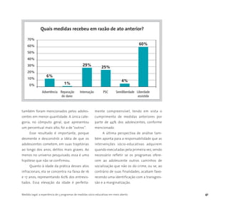 Medida Legal: a experiência de 5 programas de medidas sócio-educativas em meio aberto 41
70%
60%
50%
40%
30%
20%
10%
0%
Advertência Reparação Internação PSC Semiliberdade Liberdade
do dano assistida
Quais medidas recebeu em razão de ato anterior?
6%
1%
29%
25%
4%
60%
também foram mencionados pelos adoles-
centes em menor quantidade. A única cate-
goria, no cômputo geral, que apresentou
um percentual mais alto, foi a de “outros”.
Esse resultado é importante, porque
desmente e desconstrói a idéia de que os
adolescentes cometem, em suas trajetórias
ao longo dos anos, delitos mais graves. Ao
menos no universo pesquisado, essa é uma
hipótese que não se confirmou.
Quanto à idade da prática desses atos
infracionais, ela se concentra na faixa de 16
e 17 anos, representando 60% dos entrevis-
tados. Essa elevação da idade é perfeita-
mente compreensível, tendo em vista o
cumprimento de medidas anteriores por
parte de 44% dos adolescentes, conforme
mencionado.
A última perspectiva de análise tam-
bém aponta para a responsabilidade que as
intervenções sócio-educativas adquirem
quando executadas pela primeira vez, sendo
necessário refletir se os programas ofere-
cem ao adolescente outros caminhos de
socialização que não os do crime, ou se, ao
contrário de suas finalidades, acabam favo-
recendo uma identificação com a transgres-
são e a marginalização.
 