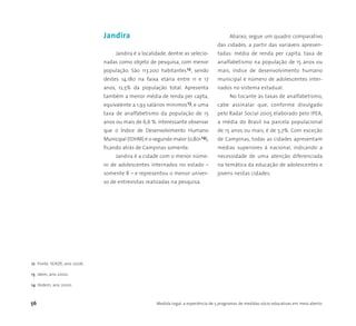 Jandira
Jandira é a localidade, dentre as selecio-
nadas como objeto de pesquisa, com menor
população. São 113.200 habitantes12, sendo
destes 14.180 na faixa etária entre 11 e 17
anos, 12,5% da população total. Apresenta
também a menor média de renda per capta,
equivalente a 1,93 salários mínimos13, e uma
taxa de analfabetismo da população de 15
anos ou mais de 6,6 %. Interessante observar
que o Índice de Desenvolvimento Humano
Municipal (IDHM) é o segundo maior (0,80114),
ficando atrás de Campinas somente.
Jandira é a cidade com o menor núme-
ro de adolescentes internados no estado –
somente 8 – e representou o menor univer-
so de entrevistas realizadas na pesquisa.
Abaixo, segue um quadro comparativo
das cidades, a partir das variáveis apresen-
tadas: média de renda per capita, taxa de
analfabetismo na população de 15 anos ou
mais, índice de desenvolvimento humano
municipal e número de adolescentes inter-
nados no sistema estadual.
No tocante às taxas de analfabetismo,
cabe assinalar que, conforme divulgado
pelo Radar Social 2005 elaborado pelo IPEA,
a média do Brasil na parcela populacional
de 15 anos ou mais, é de 5,7%. Com exceção
de Campinas, todas as cidades apresentam
médias superiores à nacional, indicando a
necessidade de uma atenção diferenciada
na temática da educação de adolescentes e
jovens nestas cidades.
56 Medida Legal: a experiência de 5 programas de medidas sócio-educativas em meio aberto
12 Fonte: SEADE, ano 2006.
13 Idem, ano 2000.
14 Ibidem, ano 2000.
 