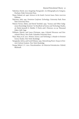 Beyond Postcolonial Theory    31
Valentine, David. 2007. Imagining Transgender: An Ethnography of a Category.
Durham: Duke University Press.
Waast, Roland, ed. 1996. Sciences in the South: Current Issues. Paris: ORSTOM
Éditions.
Wajcman, Judy. 1991. Feminism Confronts Technology. University Park: Penn
State University Press.
Watson-Verran, Helen, and David Turnbull. 1995. “Science and Other Indig-
enous Knowledge Systems.” In Handbook of Science and Technology Studies,
ed. Sheila Jasanoff, G. Markle, T. Pinch, and J. Petersen, 115–39. Thousand
Oaks, Calif.: Sage.
Williams, Patrick, and Laura Chrisman. 1994. Colonial Discourse and Post-
colonial Theory. New York: Columbia University Press.
Wyer, Mary, et al. 2001. Women, Science, and Technology: A Reader in Feminist
Science Studies. New York: Routledge.
Yanagisako, Sylvia, and Carol Delaney. 1995. Naturalizing Power: Essays in Fem-
inist Cultural Analysis. New York: Routledge.
Young, Robert J. C. 2001. Postcolonialism: An Historical Introduction. Oxford:
Blackwell.
 