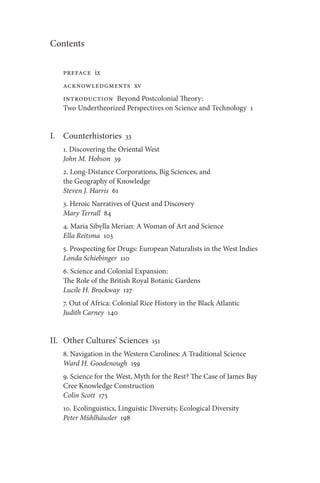Contents
Preface ix
Acknowledgments xv
Introduction Beyond Postcolonial Theory:
Two Undertheorized Perspectives on Science and Technology 1
I. Counterhistories 33
1. Discovering the Oriental West
John M. Hobson 39
2. Long-Distance Corporations, Big Sciences, and
the Geography of Knowledge
Steven J. Harris 61
3. Heroic Narratives of Quest and Discovery
Mary Terrall 84
4. Maria Sibylla Merian: A Woman of Art and Science
Ella Reitsma 103
5. Prospecting for Drugs: European Naturalists in the West Indies
Londa Schiebinger 110
6. Science and Colonial Expansion:
The Role of the British Royal Botanic Gardens
Lucile H. Brockway 127
7. Out of Africa: Colonial Rice History in the Black Atlantic
Judith Carney 140
II. Other Cultures’ Sciences 151
8. Navigation in the Western Carolines: A Traditional Science
Ward H. Goodenough 159
9. Science for the West, Myth for the Rest? The Case of James Bay
Cree Knowledge Construction
Colin Scott 175
10. Ecolinguistics, Linguistic Diversity, Ecological Diversity
Peter Mühlhäusler 198
 