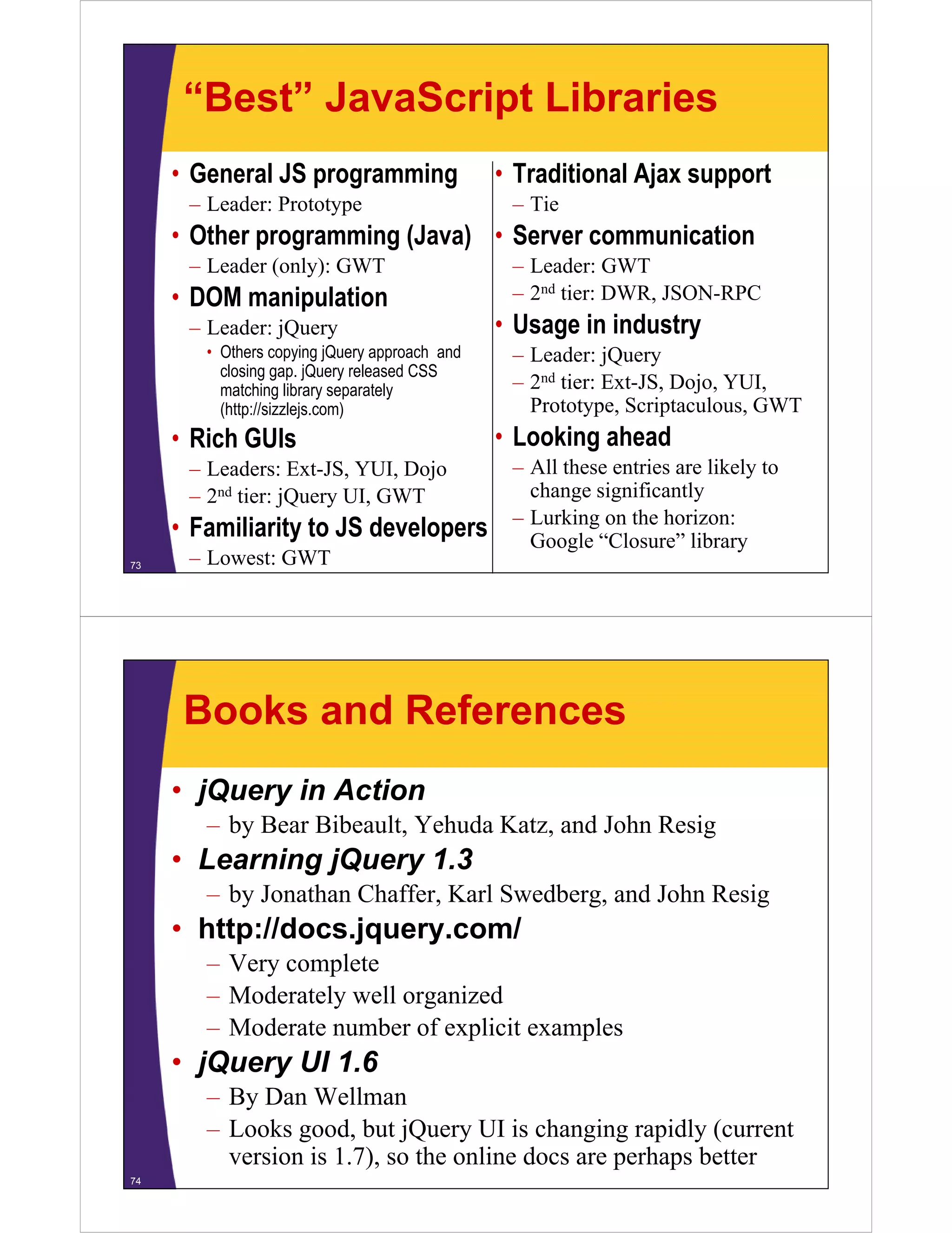 “Best” JavaScript Libraries
                     p
     • General JS programming                 • Traditional Ajax support
      – Leader: Prototype                      – Tie
     • Other programming (Java) • Server communication
      – Leader (only): GWT                     – Leader: GWT
     • DOM manipulation                        – 2nd tier: DWR, JSON-RPC
      – Leader: jQuery                        • Usage in industry
        • Oth copying jQuery approach and
          Others        i jQ            h d    – Leader: jQuery
          closing gap. jQuery released CSS
          matching library separately          – 2nd tier: Ext-JS, Dojo, YUI,
          (http://sizzlejs.com)                  Prototype, Scriptaculous, GWT
     • Rich GUIs                              • Looking ahead
      – Leaders: Ext-JS, YUI, Dojo             – All these entries are likely to
      – 2nd tier: jQuery UI GWT
                         UI,                     c ge s g c
                                                 change significantlyy
                                               – Lurking on the horizon:
     • Familiarity to JS developers              Google “Closure” library
73    – Lowest: GWT




      Books and References
     • jQuery in Action
        – by Bear Bibeault, Yehuda Katz, and John Resig
     • Learning jQuery 1.3
        –b J
         by Jonathan Ch ff K l S db
                 h Chaffer, Karl Swedberg, and John R i
                                             d J h Resig
     • http://docs.jquery.com/
        – Very complete
        – Moderately well organized
        – Moderate number of explicit examples
                                p         p
     • jQuery UI 1.6
        – By Dan Wellman
        – Looks good, but jQuery UI is changing rapidly (current
          version is 1.7), so the online docs are perhaps better
74
 